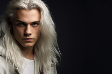Close-up portrait of a very handsome young man with blue eyes and long white hair, wearing a white t-shirt and sweater - copy space, isolated, black background