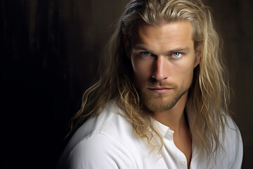 Close-up portrait of a very handsome man with gray eyes, long blond hair, and a short blond beard, wearing a white shirt - copy space, isolated, dark background
