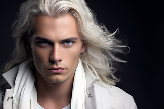 Close-up portrait of a very handsome young man with blue eyes and long white hair, wearing a white jacket and scarf - copy space, isolated, black background