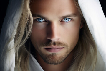 Extreme close-up portrait of a very handsome man with blue eyes, long blond hair, and a short blond beard, wearing a white hood