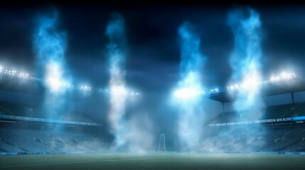Vector spotlight towers on night stadium in smoke.Generative AI