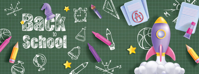 3D back to school vector background, chalkboard crayon doodle banner, online kids education, pencil. Rocket launch student internet e-learning academy, sale promotion concept. Back to school knowledge