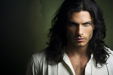 Close-up portrait of a very handsome man with green eyes, long dark brown hair, and a stubble beard, wearing a white shirt and jacket - copy space, isolated, green background