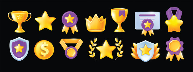 3D high quality professional icon set, vector recognition award medal kit, UI game level up reward. Golden cup, guarantee medal diploma, certified winner shield, customer prize crown. Quality icon