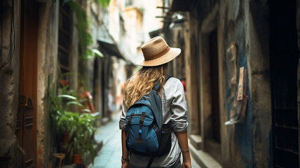 Young female traveler in the old town. rear view 