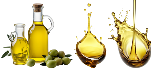 Olive oil set. Glass bottle of olive oil with olives. A drop of olive oil close-up. Isolated on a transparent background. KI.
