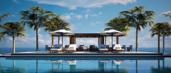 The hotel pool with lounges and umbrellas by the beach. Generative AI