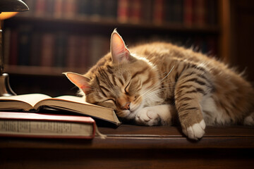 The cat sleeps on books. AI generated.