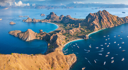 Aerial view of Padar Island in a morning from Komodo Island National Park, Labuan Bajo, Flores,...