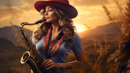 Beautiful young woman musician plays the saxophone while standing on the background of the desert. AI generated. - obrazy, fototapety, plakaty