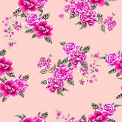 Watercolor flowers pattern, pink tropical elements, green leaves, golden background, seamless