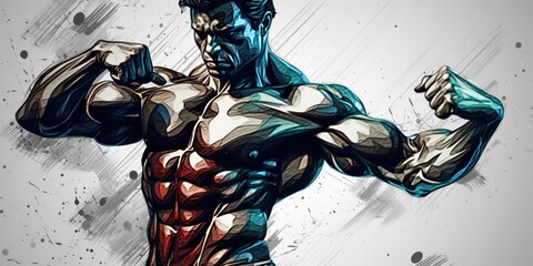 Naklejka na ściany i meble AI Generated. AI Generative. Ink drwaing design graffiti art of strong power athlete bodybuilder shape. Sport gym workout motivation graphic art illustration