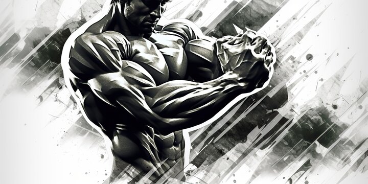 AI Generated. AI Generative. Ink drwaing design graffiti art of strong power athlete bodybuilder shape. Sport gym workout motivation graphic art illustration