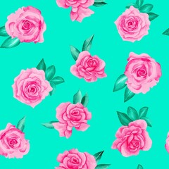 Watercolor flowers pattern, pink tropical elements, green leaves, green background, seamless