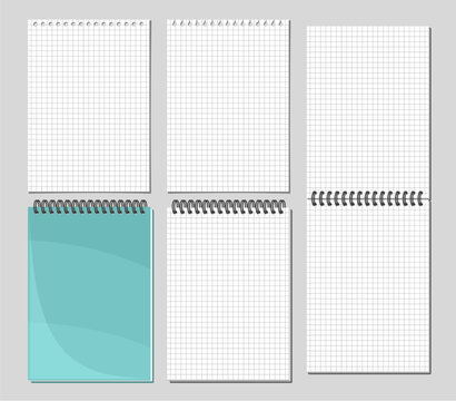 Vector Notepad Set, collection of 5 cut out illustrations of different grid notepad pages, group of opened and closed spiral notepads on grey background, set of white a4 format vertical copy spaces