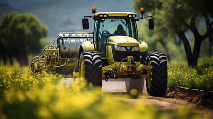 Obraz premium Tractor fertilizes crops Generative AI