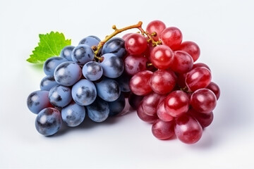 Fototapeta premium Red and blue grapes with leaves isolated on white background.Generative Ai.