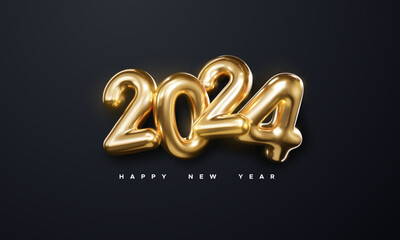 Happy New 2024 Year. Holiday vector illustration of golden metallic numbers 2024 isolated on black background. Realistic 3d sign. Festive poster or banner design - 626993647