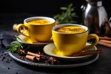 Fototapeta na wymiar Steaming cups of turmeric tea surrounded by fresh curcuma roots, presenting the soothing qualities of the beverage. Generative AI