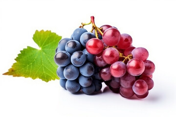 Fototapeta premium Red and blue grapes with leaves isolated on white background.Generative Ai.