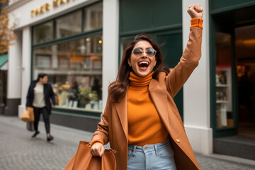 Fototapeta premium Joyful and excited young Muslim woman screaming and raising her hands up. AI generated.