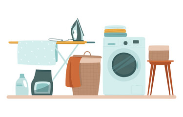 The laundry room has a washing machine, a laundry basket and an ironing board and iron. A separate room for storing household chemicals and washing clothes. Flat vector illustration.