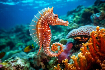 Seahorses on coral reefs in the sea.Generative Ai.