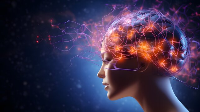 A human head with glowing neurons in the brain, human brain activity depicting with copy space.