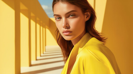 Horizontal banner portrait of a young fashion model wearing yellow clothing isolated from the background. Generative AI.