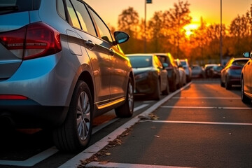 Naklejka premium Car rental parking on the asphalt road with sunset.Generative Ai.