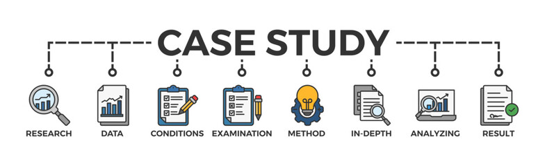 Case study banner web icon vector illustration concept with icon of research, data, conditions, examination, method, in-depth, analyzing, and result