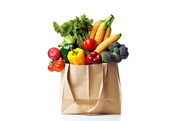 Shopping bags with fruits and vegetables isolated on white background.Generative Ai.
