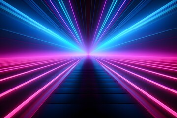 Dark escalators lead to a distant spot with neon lights. Abstract futuristic background with colorful  blue and purple laser light rays.