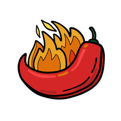 Hot chili pepper vector illustration. Spicy red chili pepper drawing. Hot pepper with flames and fire.  - 626995490