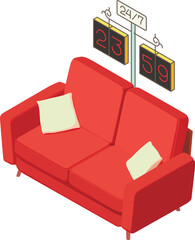 Room interior icon isometric vector. Soft red sofa and large decorative clock. Interior element, room design