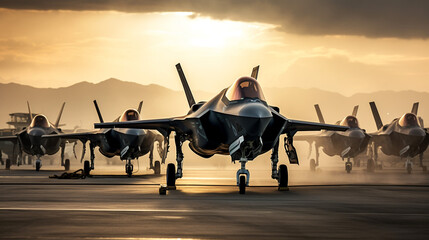a bunch of F-35 fighter jets on the ground with engine hd wallpaper. Generative Ai content