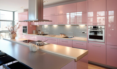 a modern kitchen with a pink color scheme