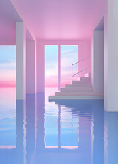 Interior of a house. Empty room with pool an doors open to a pastel pink sunset.