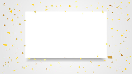 White Frame With Golden Confetti Ribbons Falling On Background. Celebration Event. Happy Birthday. Vector Illustration