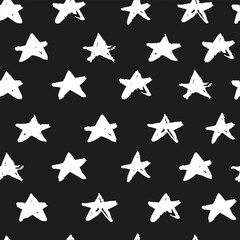 Monochrome grunge stars seamless pattern. Black ink stains star wallpaper.