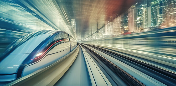 Abstract blurred background of high-speed train movement. Generative AI.