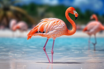 Fototapeta premium Beautiful flamingos on the sandy beach.Generative Ai.