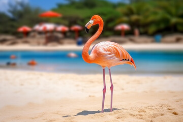 Beautiful flamingos on the sandy beach.Generative Ai.