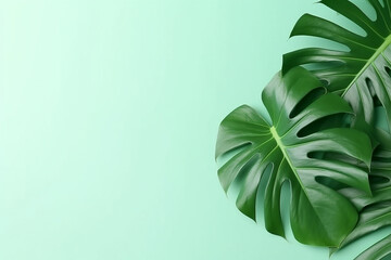 Fototapeta na wymiar Monstera leaves on green pastel minimal background.Generative Ai.