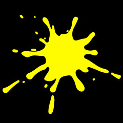 Yellow liquid splashes, swirl and waves with scatter drops. Royalty high-quality free stock of paint, oil or ink splashing dynamic motion, design elements for advertising isolated on black background