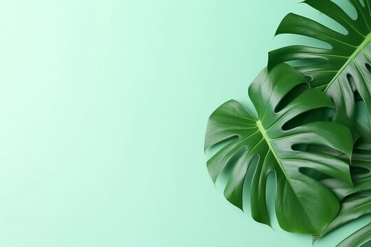 Monstera Leaves On Green Pastel Minimal Background.Generative Ai.