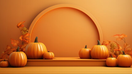 Naklejka na ściany i meble Halloween with cloud smoke and pumpkin podium pedestal product display background. Generative Ai