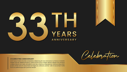 33th anniversary template design in gold color isolated on a black and gold background, vector template