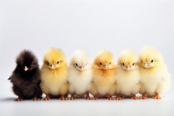 Fototapeta na wymiar Many cute fluffy chickens on white background. Generative AI