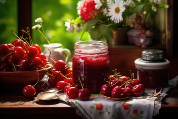 Cherry jam with fresh fruit. Generative AI